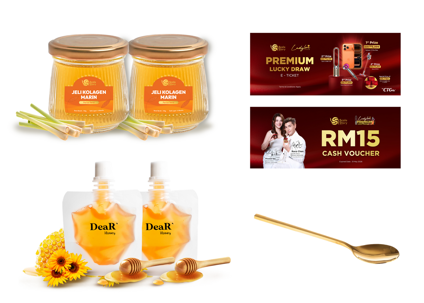 【Free Gift】 Knee brace series x2 bottles, Honey x2, Exquisite spoon x1, RM15 cash voucher, Lucky draw ticket x1
